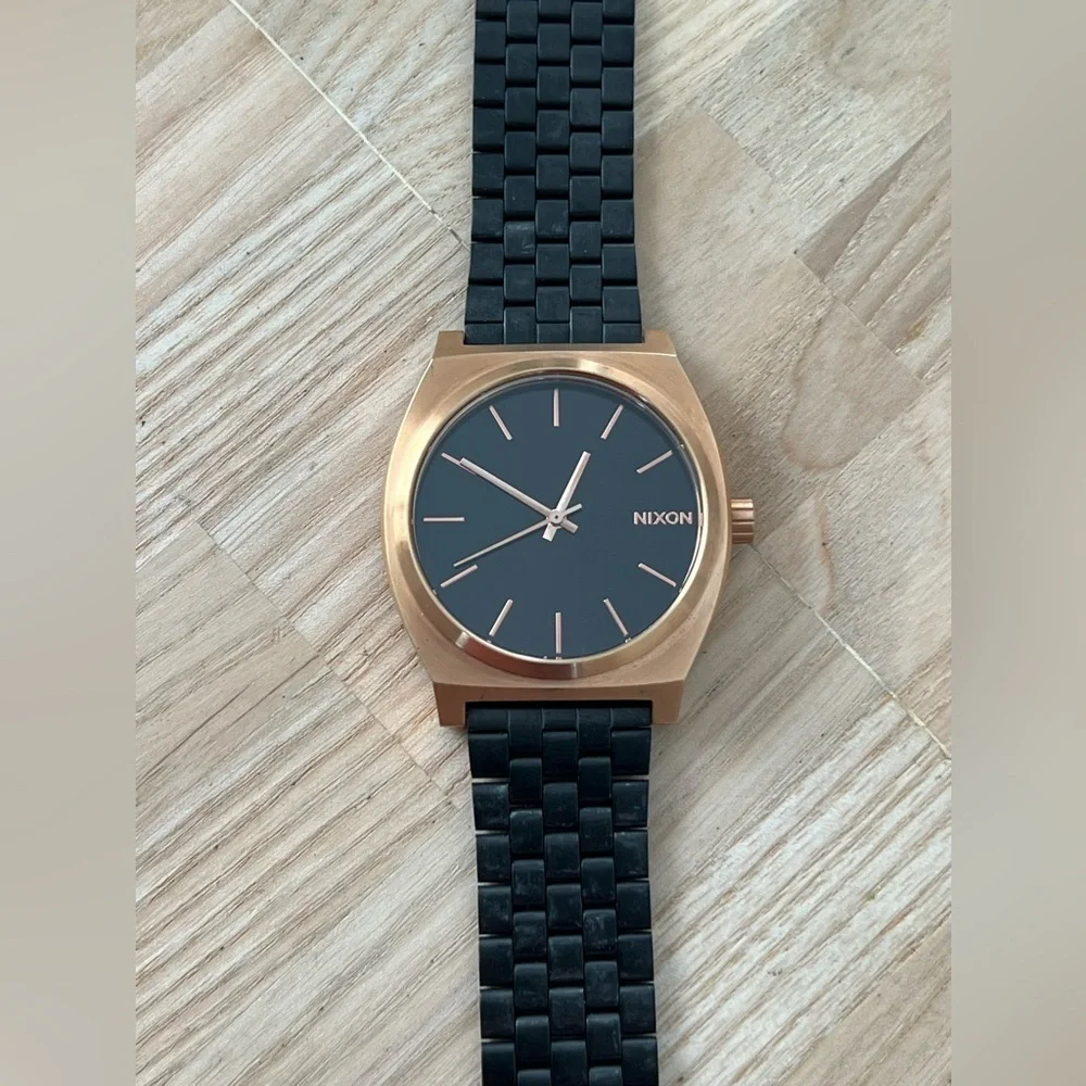 Nixon Minimal Time Traveler Black and Rose Gold Watch Adjustable Black Bracelet